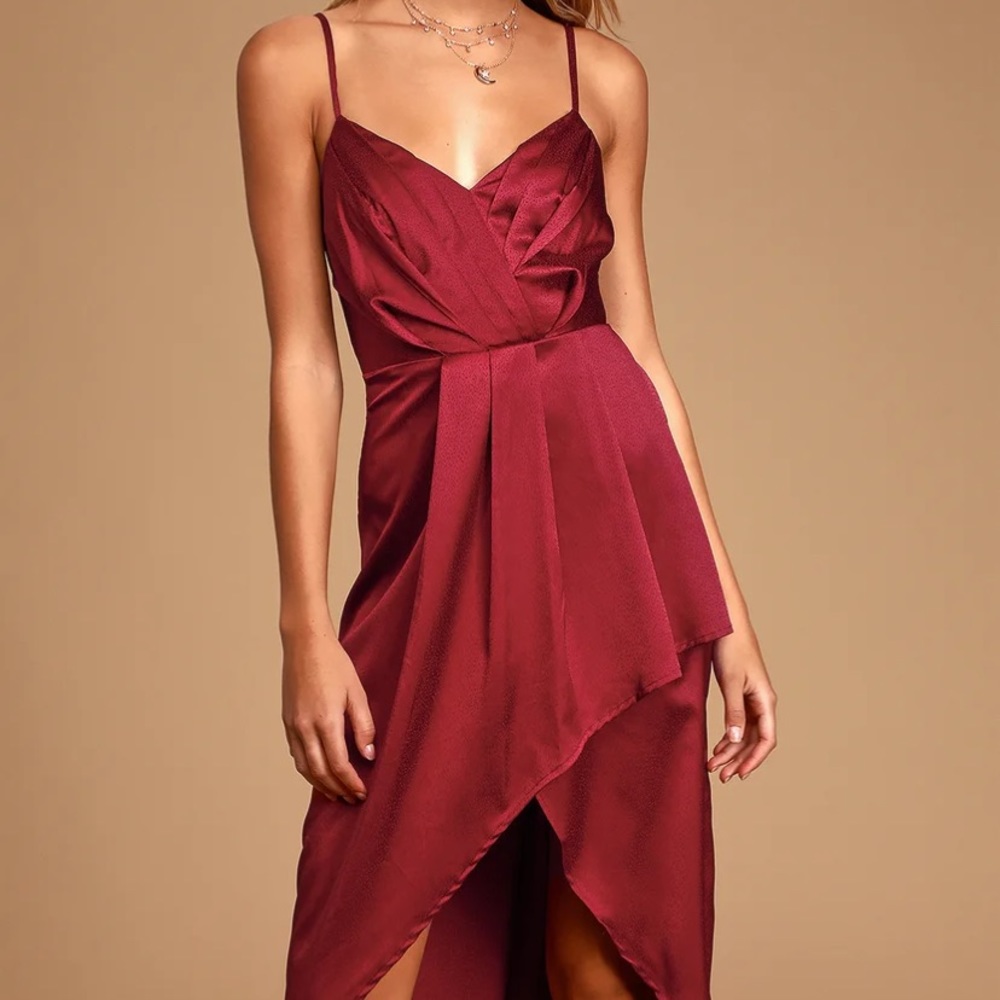 Lulus Just a Dash Burgundy Satin High Low dress - Picture 2 of 9